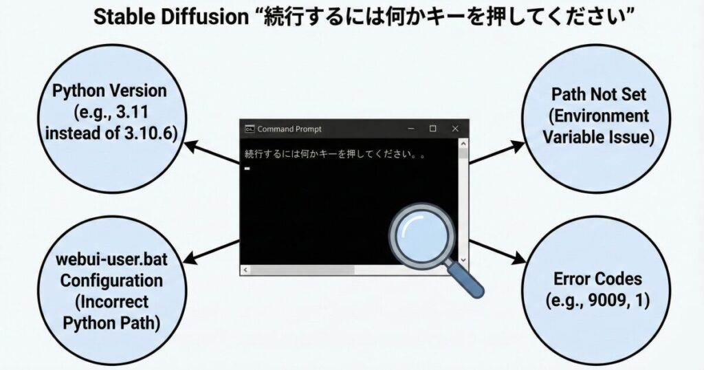 Stable Diffusionで「続行するには何かキーを押してください」が出る主な原因